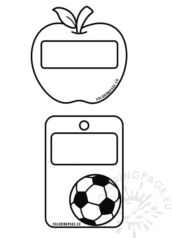  Backpack tags coloring page with apple and soccer ball designs.