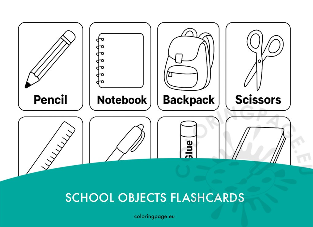School objects flashcards coloring page with eight black-and-white drawings of school items and English labels: Pencil, Notebook, Backpack, Scissors, Ruler, Pen, Glue stick, Book.