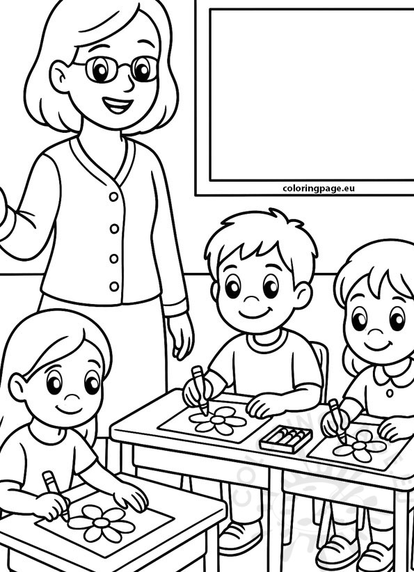 Teacher and students coloring page with a smiling teacher and kids learning at their desks.