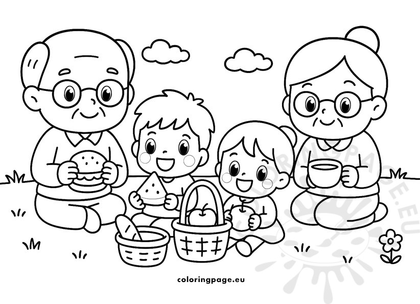 Family picnic with grandparents coloring page kawaii style.