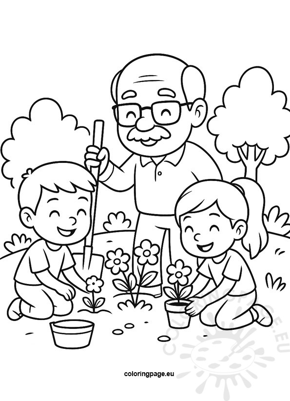 grandpa gardening with kids