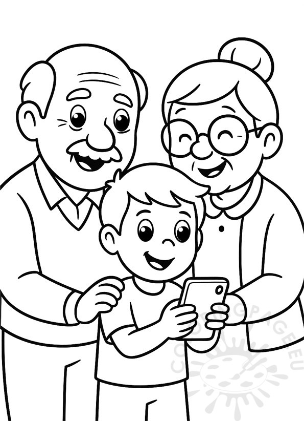grandparents grandson with smartphone coloring page