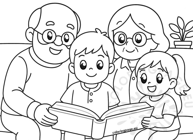 grandparents reading book kids