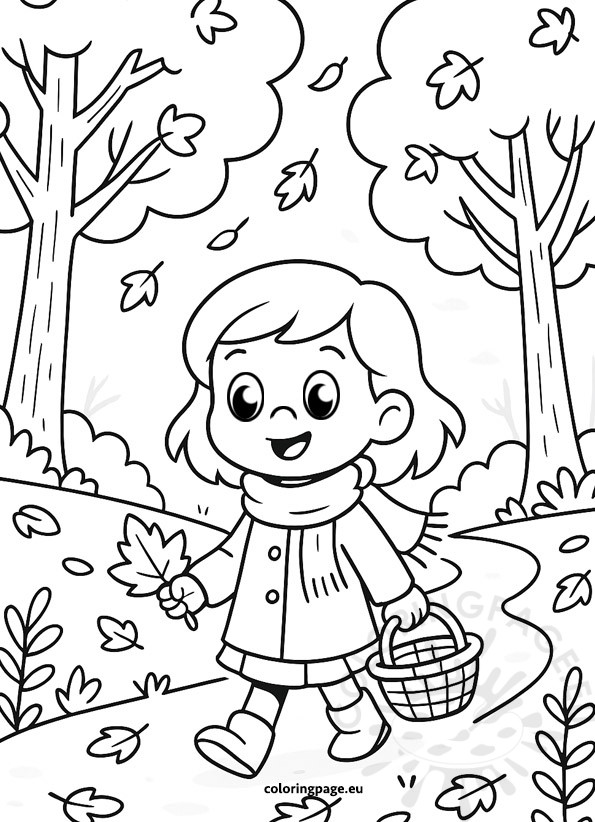 little girl in the forest autumn coloring page printable