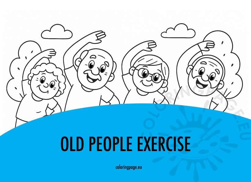 old people exercise coloring page with seniors smiling and stretching together in a park.