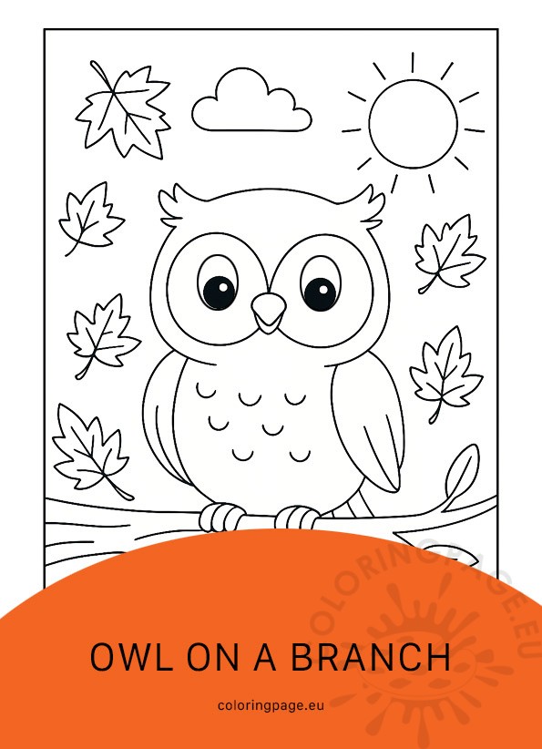Owl on a branch coloring page with cute cartoon owl and autumn leaves.