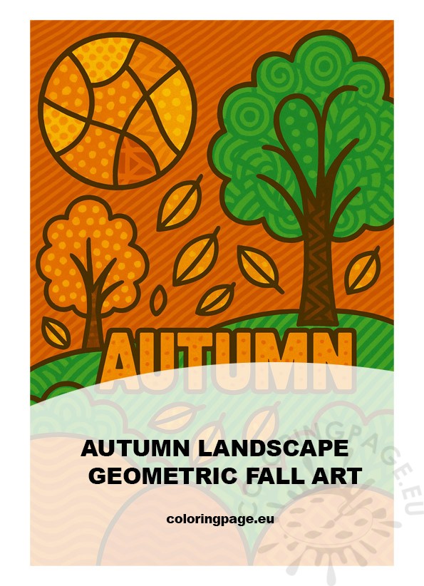Colorful autumn landscape geometric fall art for kids with trees, sun, and yellow leaves.