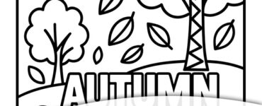 black and white geometric autumn scene to color with trees, leaves, sun, and AUTUMN text for kids
