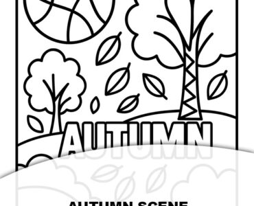 black and white geometric autumn scene to color with trees, leaves, sun, and AUTUMN text for kids
