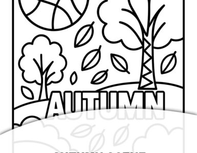 black and white geometric autumn scene to color with trees, leaves, sun, and AUTUMN text for kids