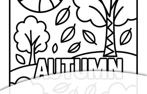 black and white geometric autumn scene to color with trees, leaves, sun, and AUTUMN text for kids