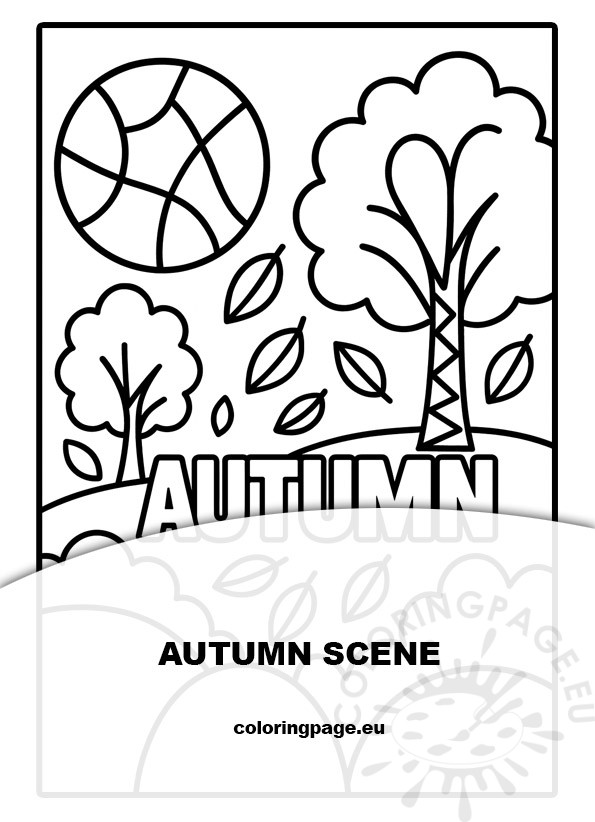 black and white geometric autumn scene to color with trees, leaves, sun, and Autumn text for kids