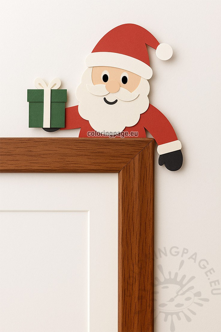 Christmas Door Corner Decor with Santa Claus holding a gift, perfect for festive classroom or home decorations.