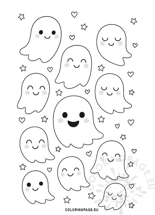 Black and white Cute Ghost Family template to color – Halloween Door Decorations for school.