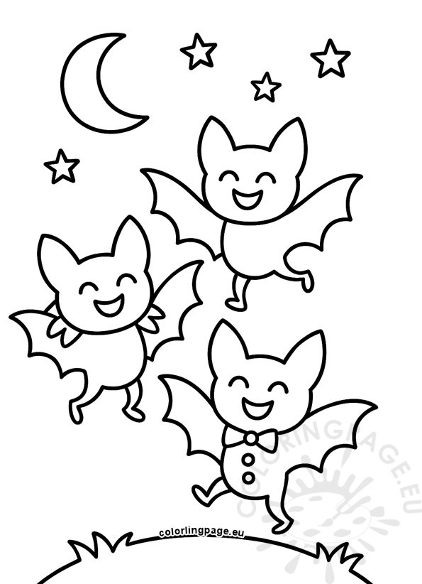 Dancing Bats at Midnight coloring page – cute happy bats dancing under the moon and stars, Halloween coloring page for kids.