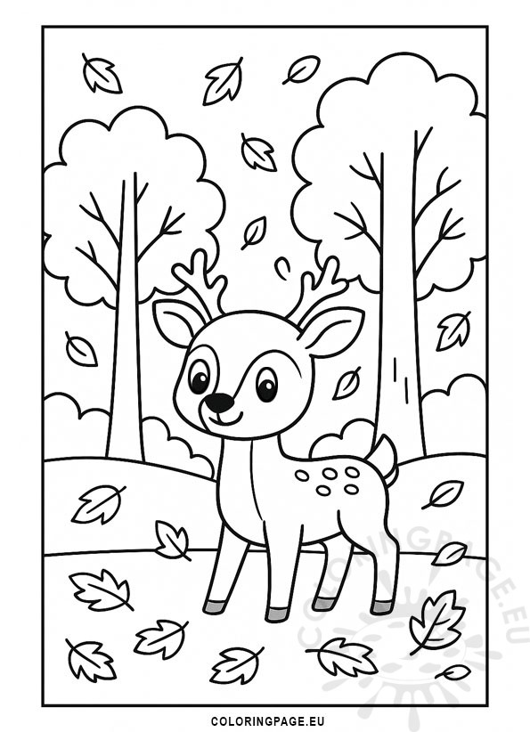 deer near the autumn trees coloring page – printable fall animal scene for kids