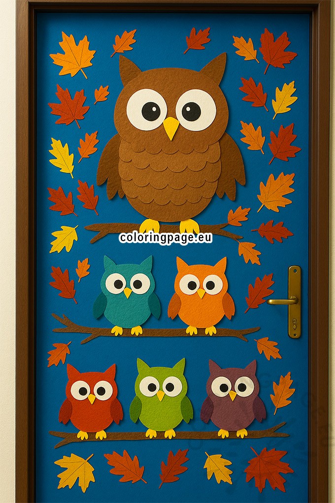 Fall Season Door Decoration for school with colorful paper owls and printable black and white owl coloring page.