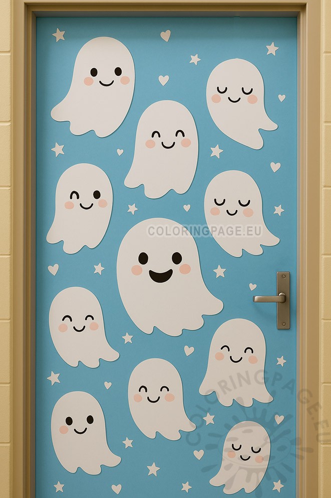 Blue classroom door with Cute Ghost Family, stars, and hearts – Halloween Door Decorations for school.