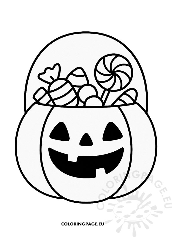 Halloween candy bucket coloring page with pumpkin and candies.