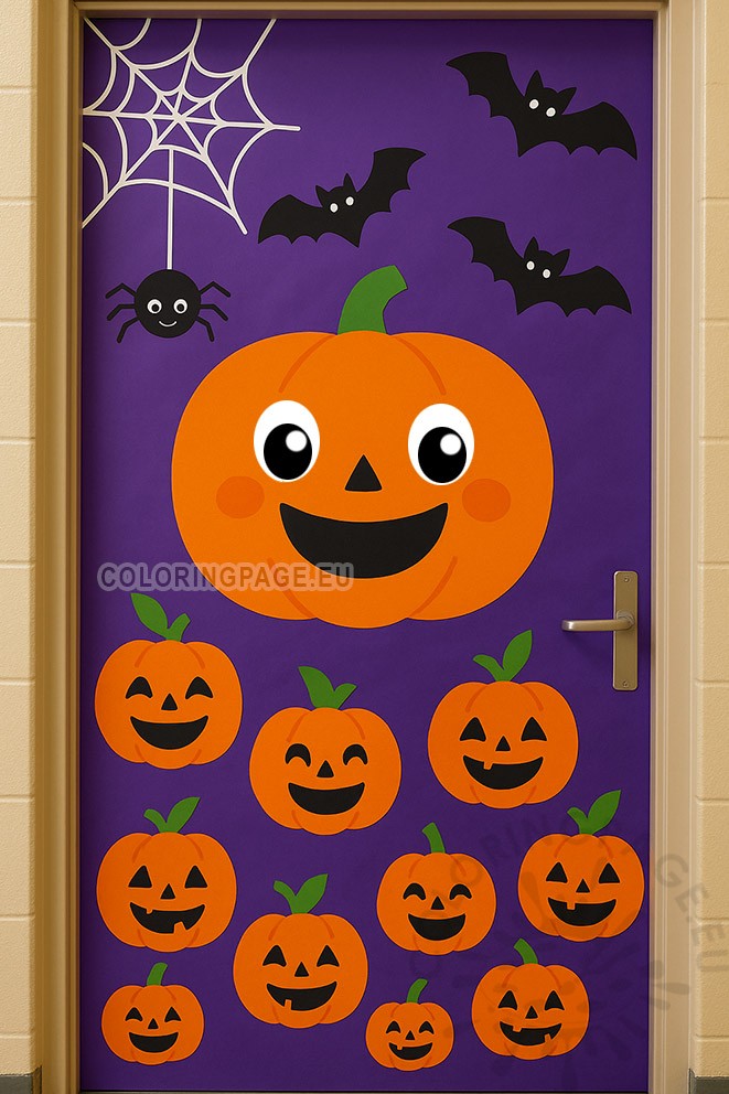 Colorful Halloween door decoration with pumpkins, bats, and spiderweb – Halloween Door Decorations for school.