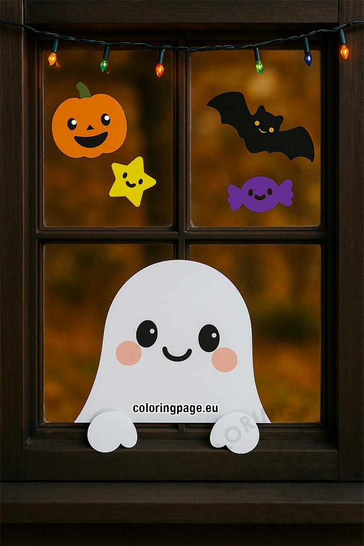 Cute Halloween window decoration with a friendly ghost, pumpkin, bat, candy, and star.