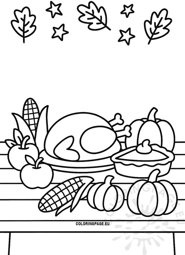 Harvest Table 3 Harvest Table coloring page – simple vertical black-and-white Thanksgiving table with turkey, pie, corn, apples, and pumpkins, with oak leaves and stars above, outlined with thick lines for kids to color.