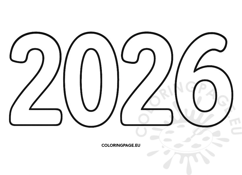 black and white Number 2026 coloring page with bold outlined digits ready to color.