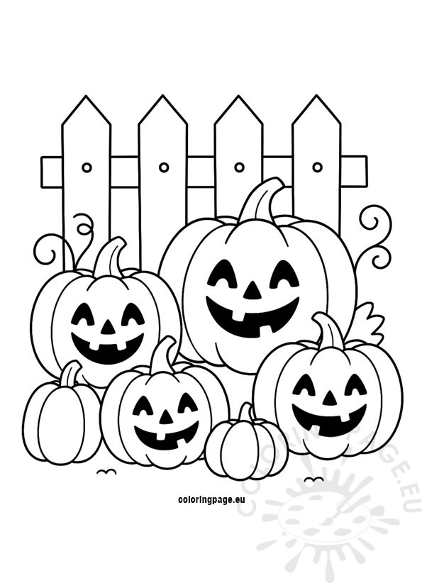Pumpkins next to a fence coloring page with five smiling jack-o’-lanterns and a wooden fence in the background, outlined in black on a white background.