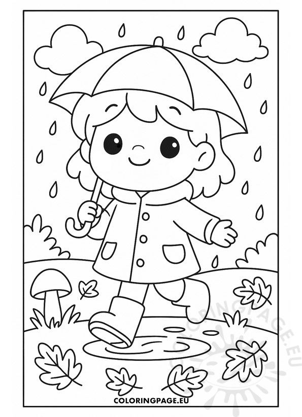 Rainy day coloring page with child holding umbrella, raindrops, autumn leaves and puddles.