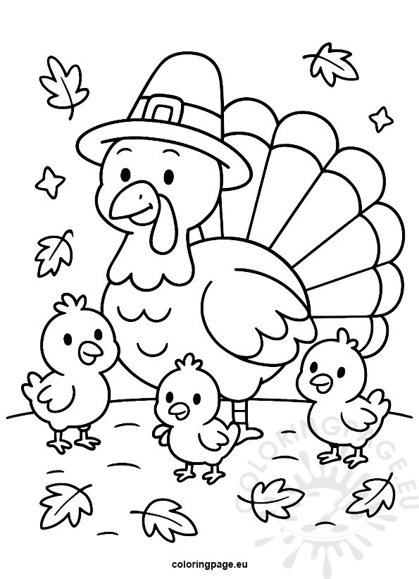 Turkey Family 3 Turkey Family coloring page – happy mother turkey with chicks and autumn leaves, black-and-white Thanksgiving drawing for kids.