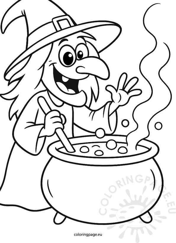 witch with cauldron coloring page featuring a cartoon witch stirring a bubbling pot, simple and fun for kids to color.