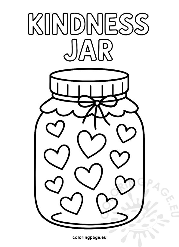Kindness Jar 3 Kindness Jar coloring page with a jar full of hearts and the words Kindness Jar above, ideal for World Kindness Day activities.