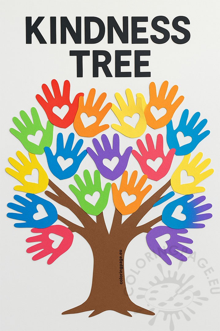 Kindness Tree 3 Colorful Kindness Tree made of paper handprints with heart cutouts representing acts of kindness.