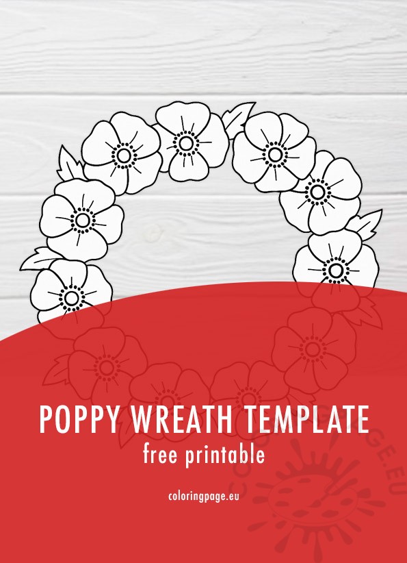 Poppy Wreath Template 3 Poppy Wreath coloring page with simple black and white poppy flowers arranged in a circular wreath, printable template for kids.