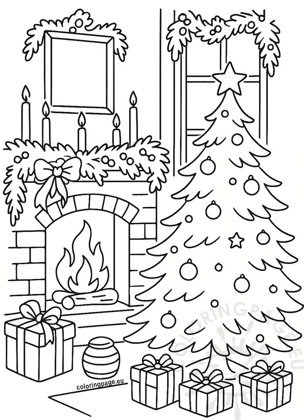 Warm Christmas scene 3 Warm Christmas scene coloring page with fireplace, tree, and gifts.