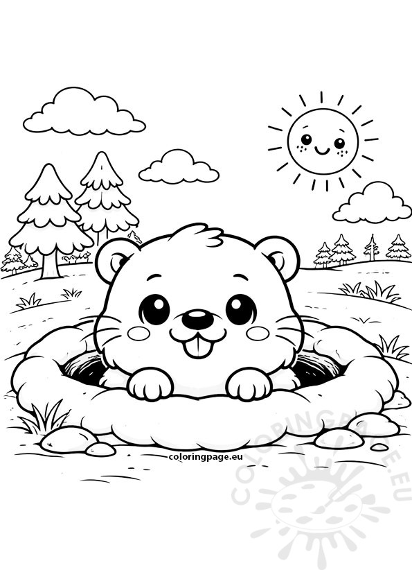 groundhog popping out of burrow