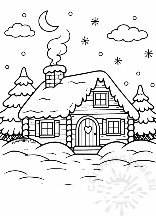 Snowy Cabin coloring page