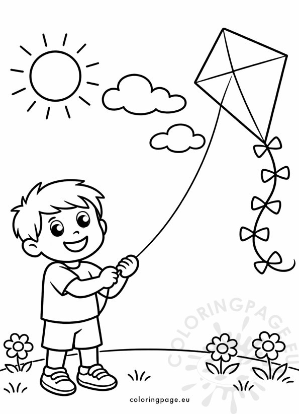 Children flying a kite 3 Children flying a kite coloring page
