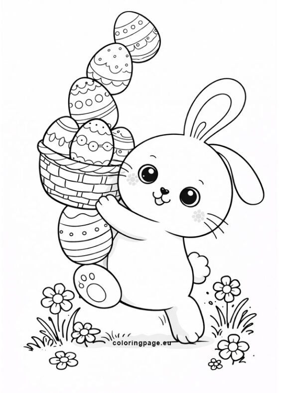 Easter Bunny Carrying a Basket of Eggs | Coloring Page
