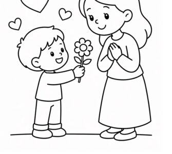 boy giving flower to mom