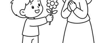 boy giving flower to mom