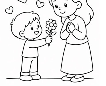 boy giving flower to mom