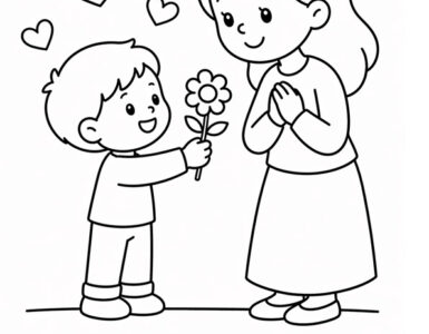 boy giving flower to mom