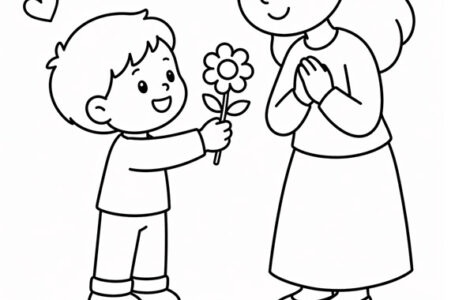 boy giving flower to mom