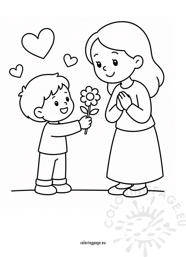 boy giving flower to mom