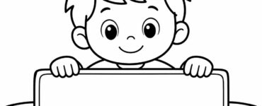 cute cartoon boy holding blank banner