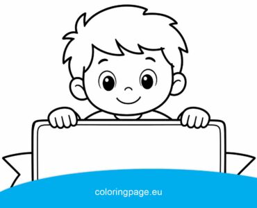 cute cartoon boy holding blank banner
