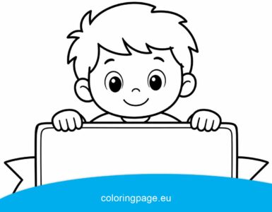cute cartoon boy holding blank banner