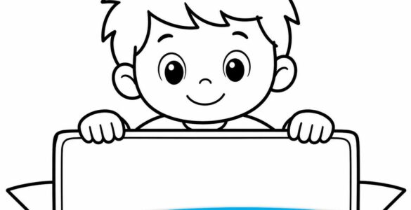 cute cartoon boy holding blank banner