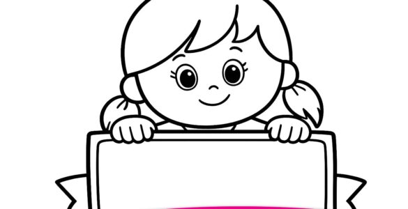 cute cartoon girl holding blank banner